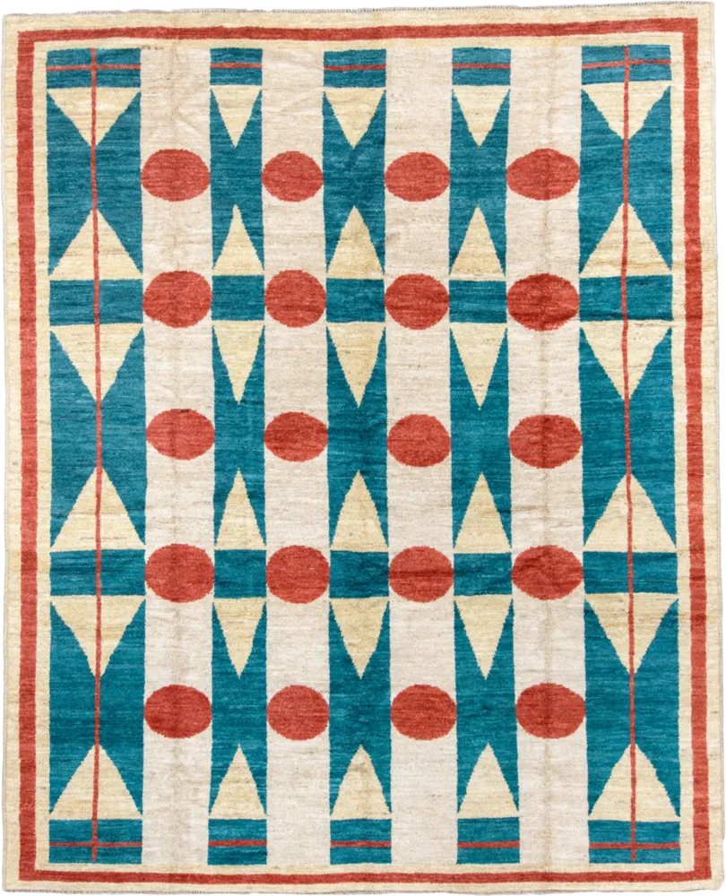 Backgammon rug: teal points and red discs on an ivory field